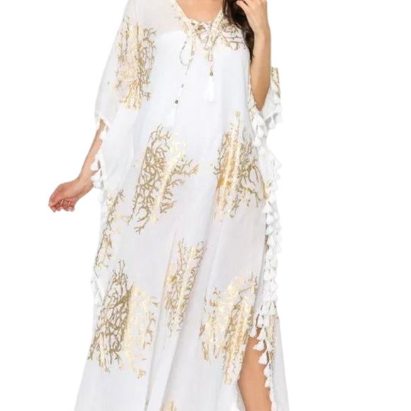 Women’s NWT Elegant White and Metallic Gold Pom Pom Long Kaftan, One Size. - Picture 2 of 7